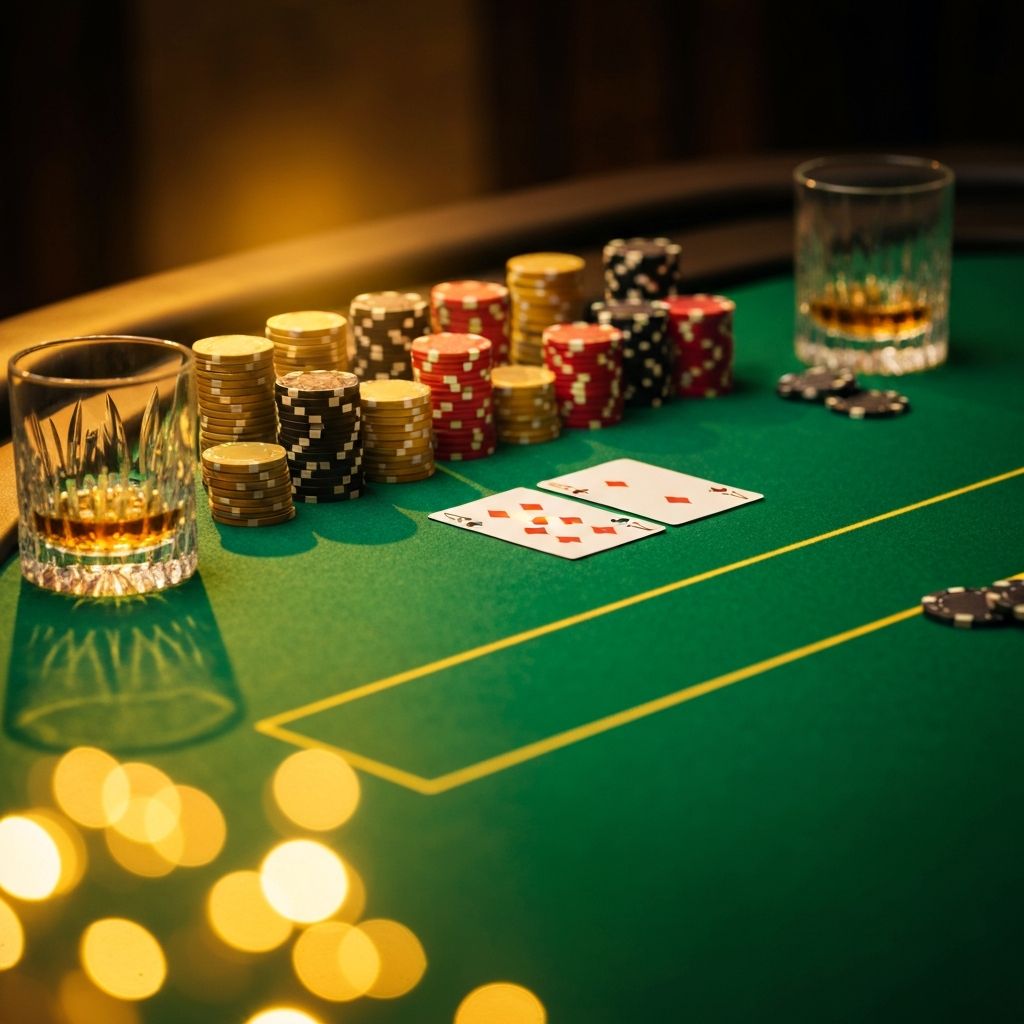 Mesa de poker profesional con fichas doradas